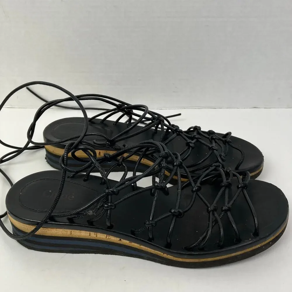 Chloé Jamie Knot Lace-up Gladiator Ankle Wrap Sandals Black Leather Platform